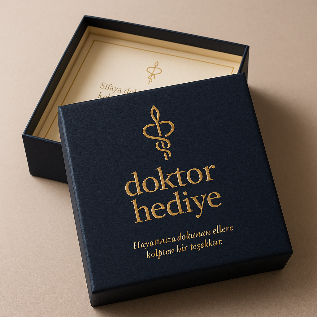 Altın baskılı doktor hediye logolu lacivert hediye kutusu